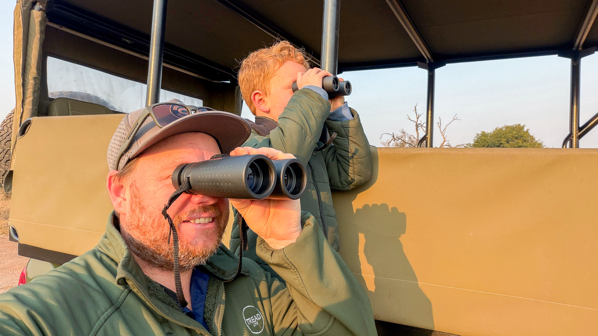 Stuart and Aiden from Tread Lite exploring a family safari to Mjejane River Lodge
